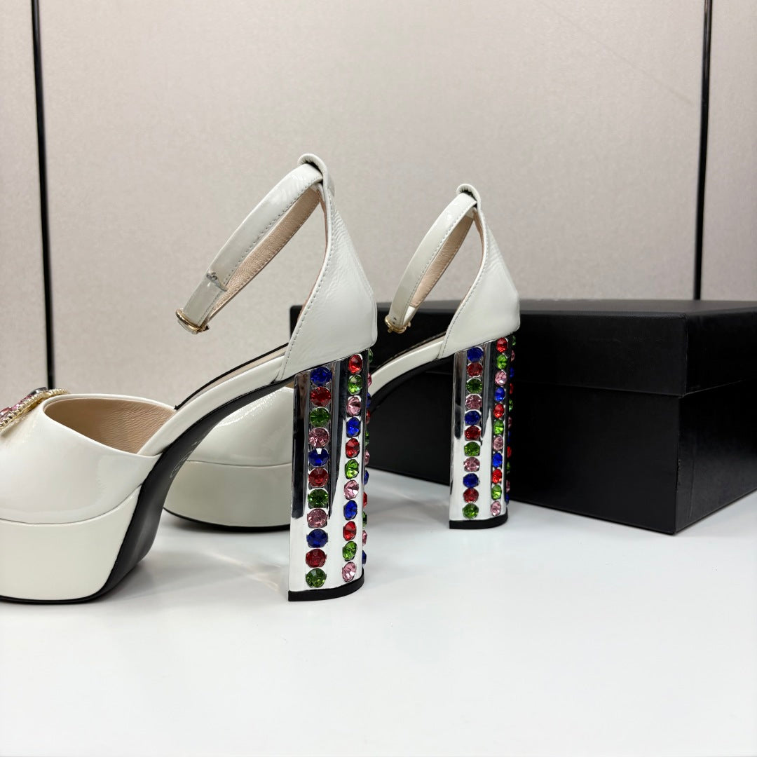 CC HIGH SANDAL 25S 110 MM IN CREAM WHITE CALFSKIN WITH MULTICOLOR STONES - 35
