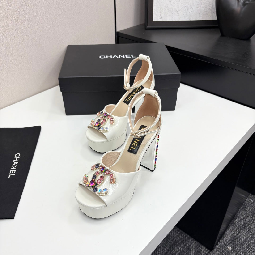 CC HIGH SANDAL 25S 110 MM IN CREAM WHITE CALFSKIN WITH MULTICOLOR STONES - 35