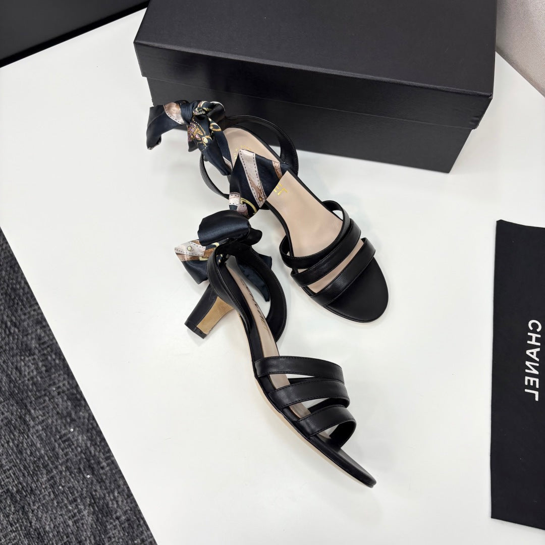 CC HEEL SANDAL 25S IN BLACK LAMBSKIN WITH SILK BOW - 35