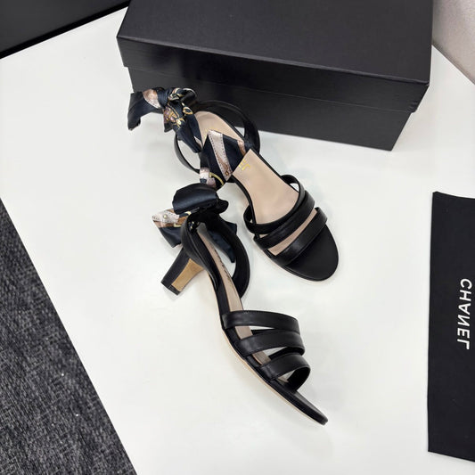 CC HEEL SANDAL 25S IN BLACK LAMBSKIN WITH SILK BOW - 35