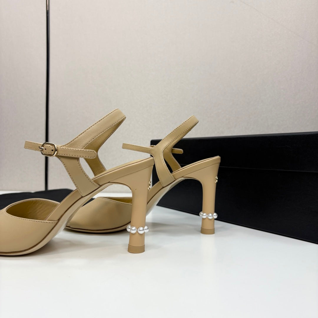 CC HIGH SANDAL 25S 80 MM IN BEIGE CALFSKIN WITH PEARL DETAILS - 35