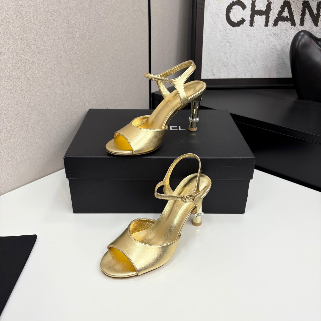 CC HIGH SANDAL 25S 80 MM IN GOLD CALFSKIN WITH PEARL DETAILS - 35