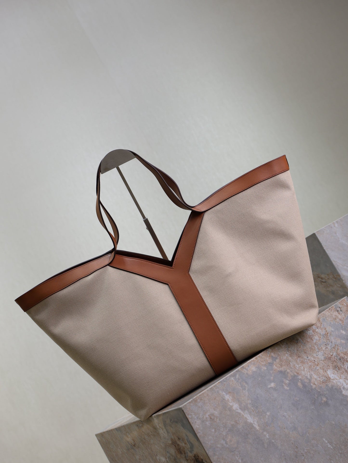 YSL 25S Y TOTE 50 IN BROWN BEIGE CANVAS AND CALFSKIN