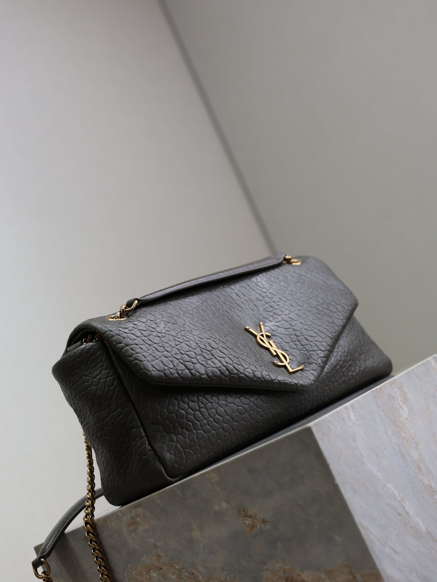 YSL 25S CALYPSO 30 IN DARK OLIVE GRAINED CALFSKIN GOLD HARDWRE