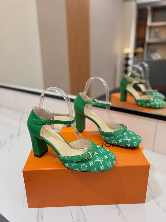 HIGH SANDALS 8 CM IN EMERALD GREEN MONOGRAM DENIM AND CALFSKIN - 34