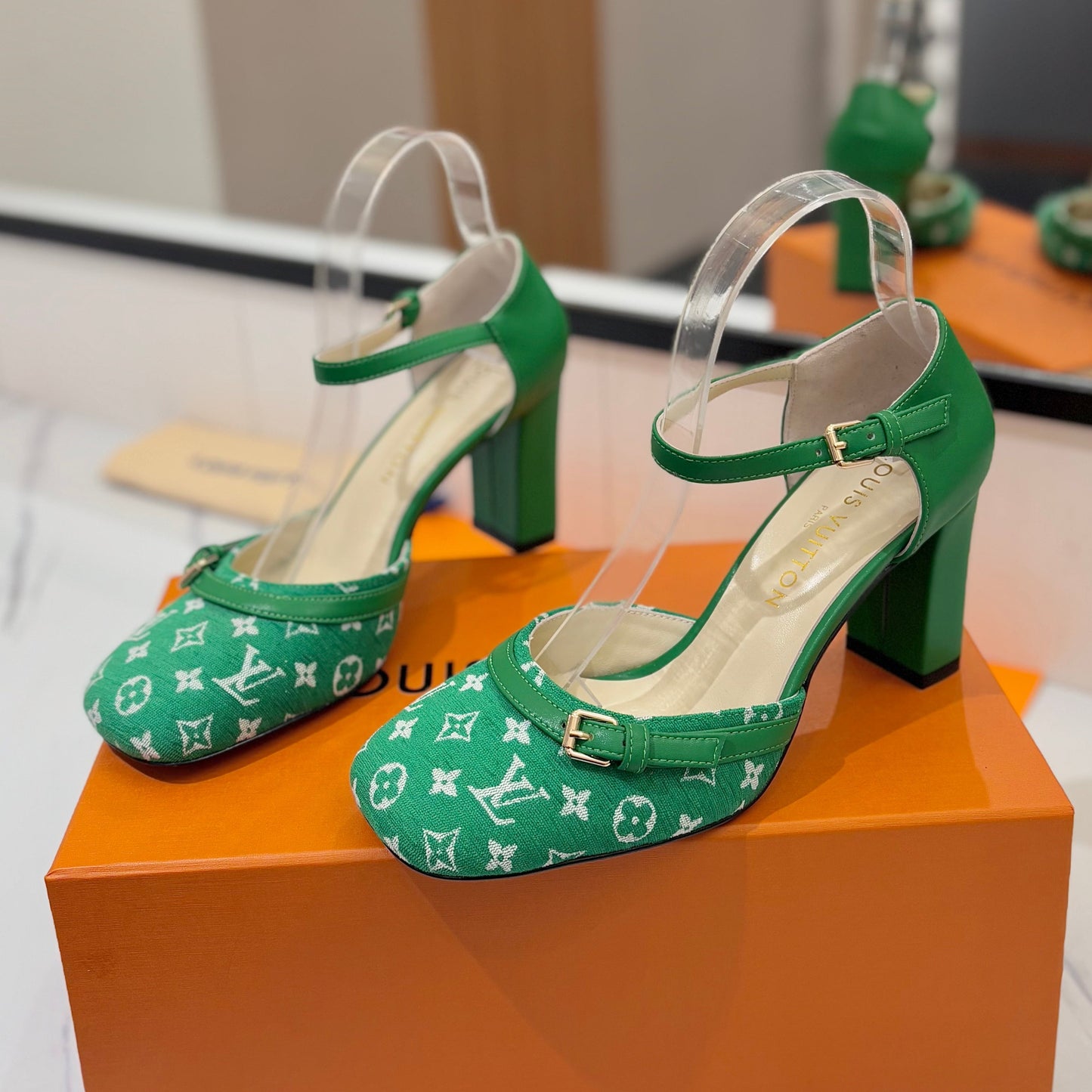 HIGH SANDALS 8 CM IN EMERALD GREEN MONOGRAM DENIM AND CALFSKIN - 34