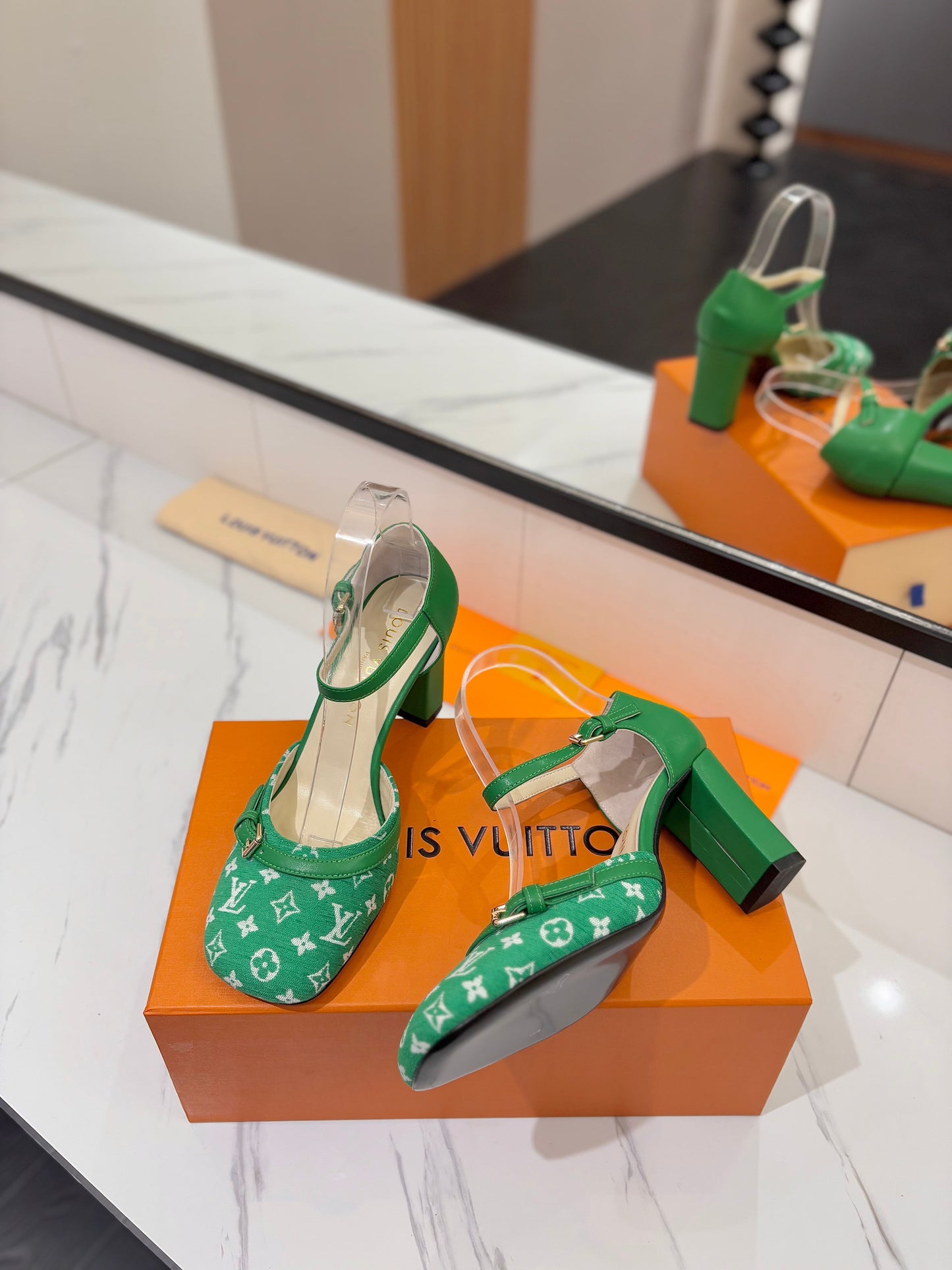 HIGH SANDALS 8 CM IN EMERALD GREEN MONOGRAM DENIM AND CALFSKIN - 34