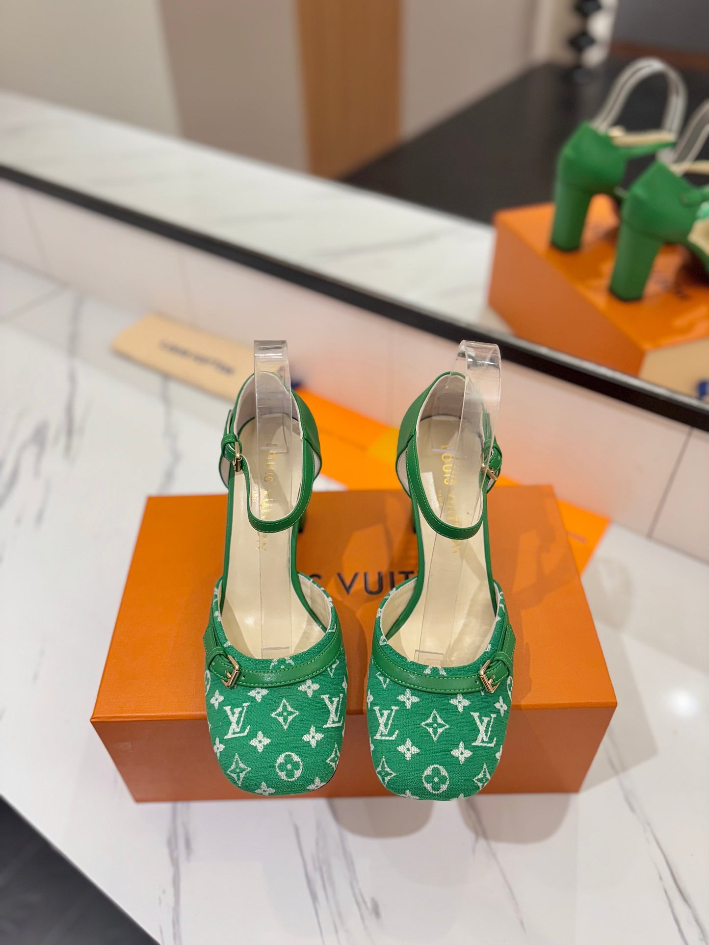HIGH SANDALS 8 CM IN EMERALD GREEN MONOGRAM DENIM AND CALFSKIN - 34