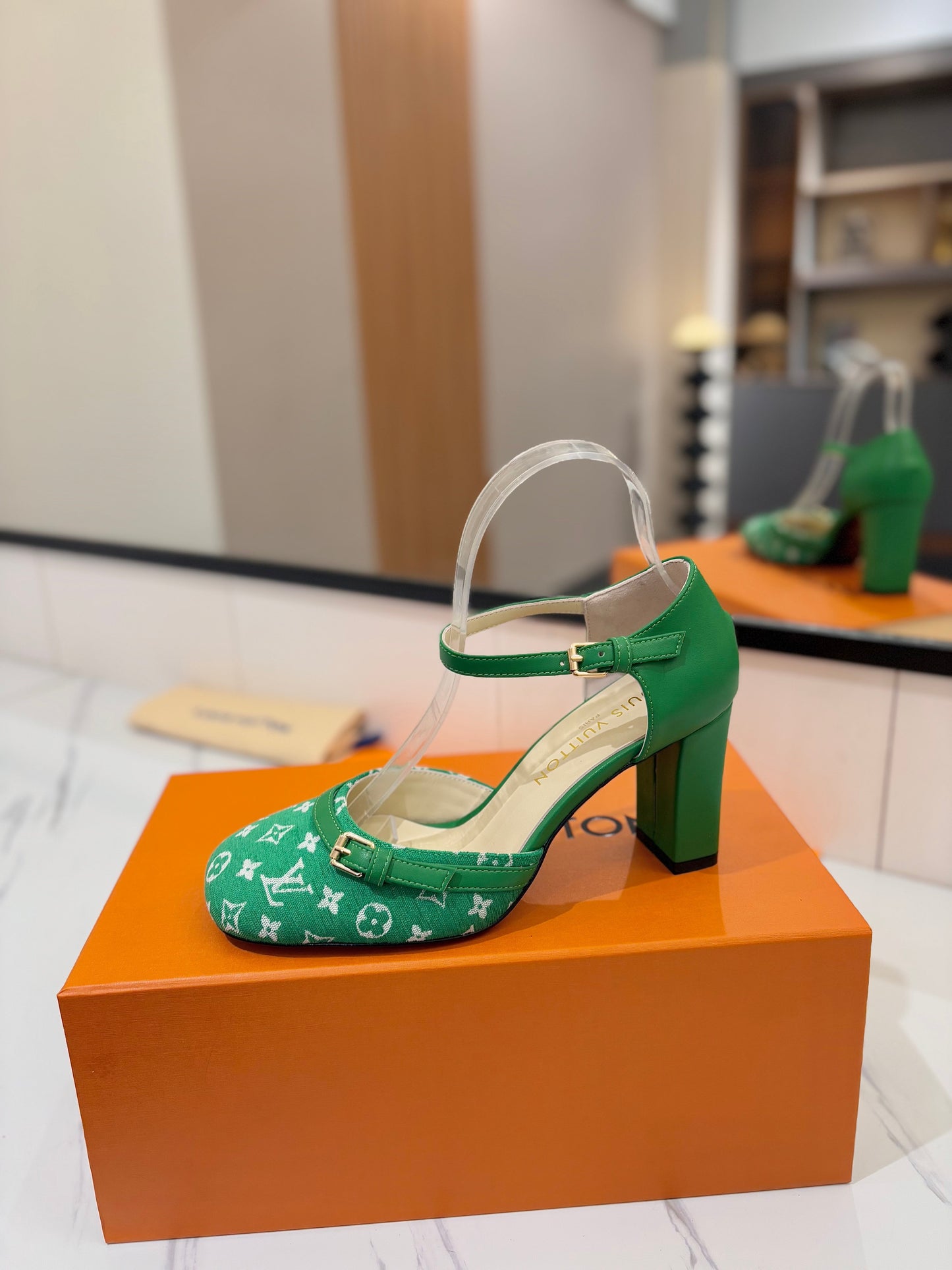 HIGH SANDALS 8 CM IN EMERALD GREEN MONOGRAM DENIM AND CALFSKIN - 34