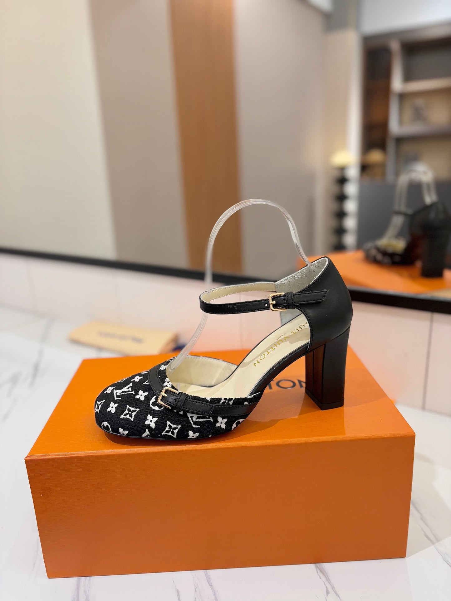HIGH SANDALS 8 CM IN BLACK MONOGRAM DENIM AND CALFSKIN - 34