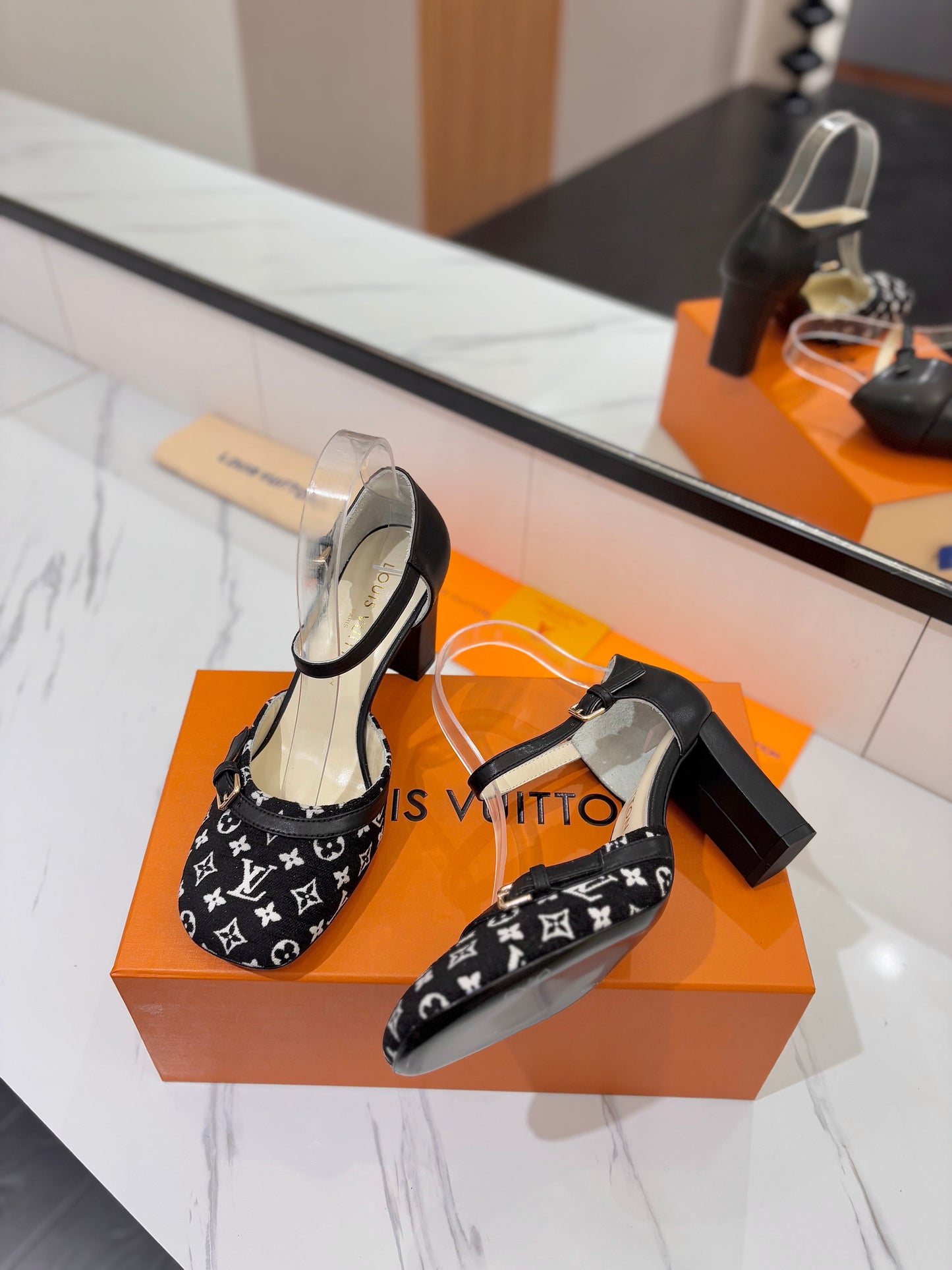HIGH SANDALS 8 CM IN BLACK MONOGRAM DENIM AND CALFSKIN - 34