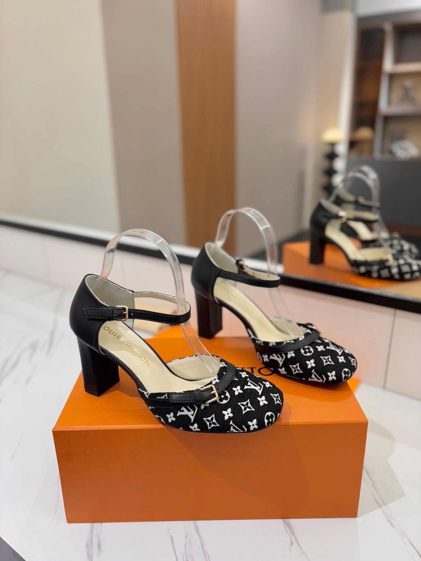 HIGH SANDALS 8 CM IN BLACK MONOGRAM DENIM AND CALFSKIN - 34