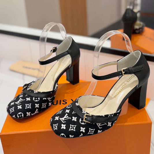 HIGH SANDALS 8 CM IN BLACK MONOGRAM DENIM AND CALFSKIN - 34
