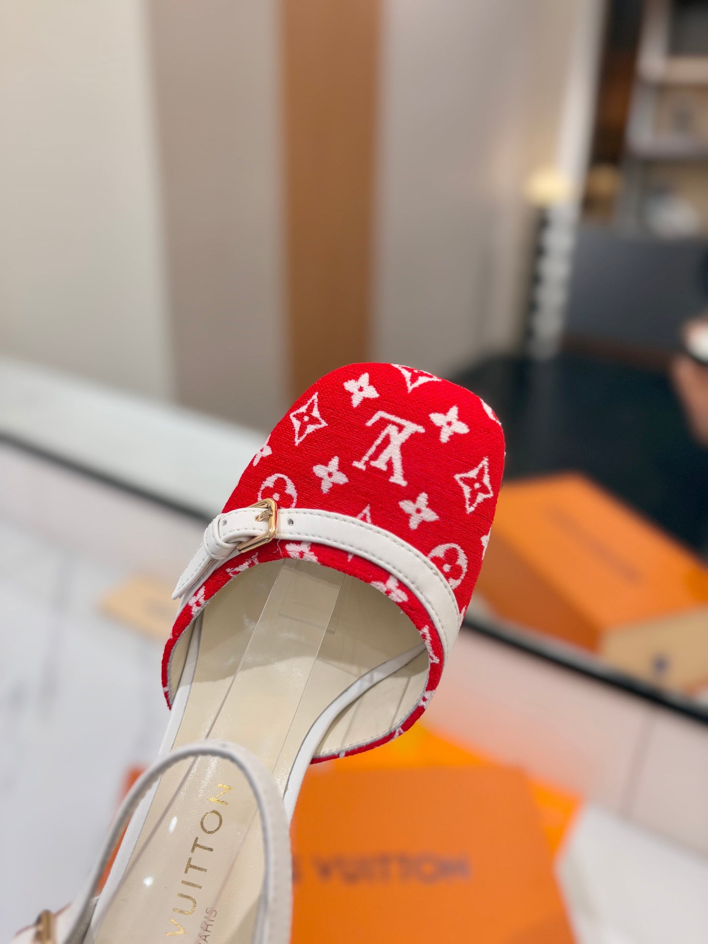 HIGH SANDALS 8 CM IN CHERRY RED MONOGRAM DENIM AND WHITE CALFSKIN - 34