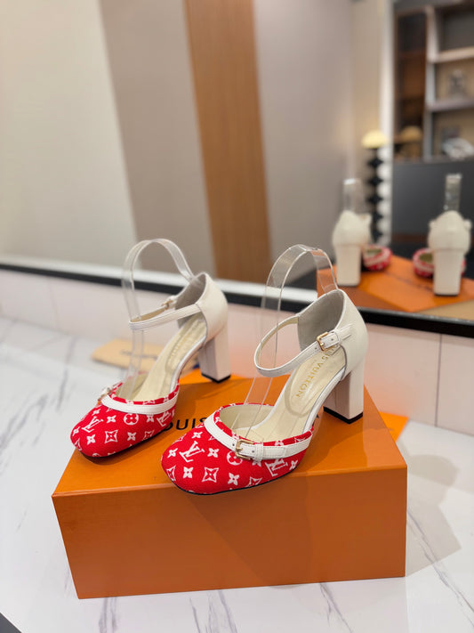 HIGH SANDALS 8 CM IN CHERRY RED MONOGRAM DENIM AND WHITE CALFSKIN - 34