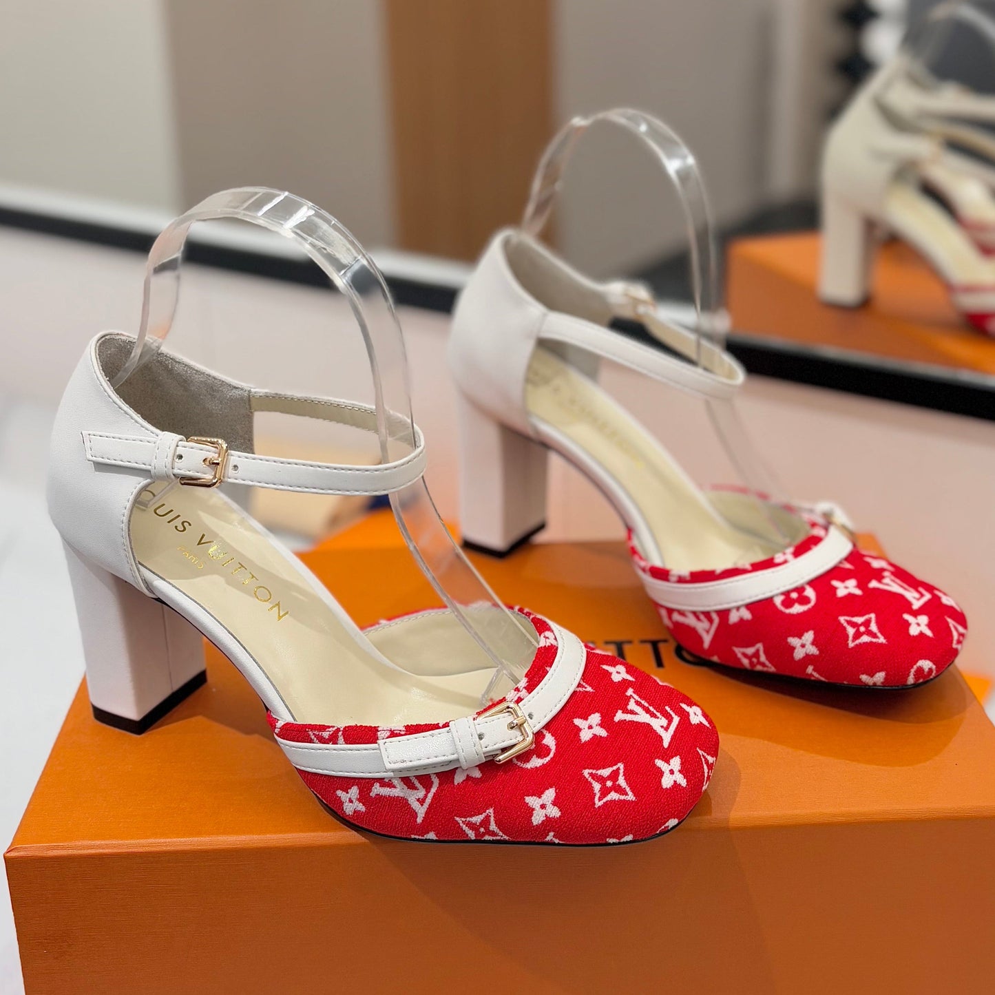 HIGH SANDALS 8 CM IN CHERRY RED MONOGRAM DENIM AND WHITE CALFSKIN - 34