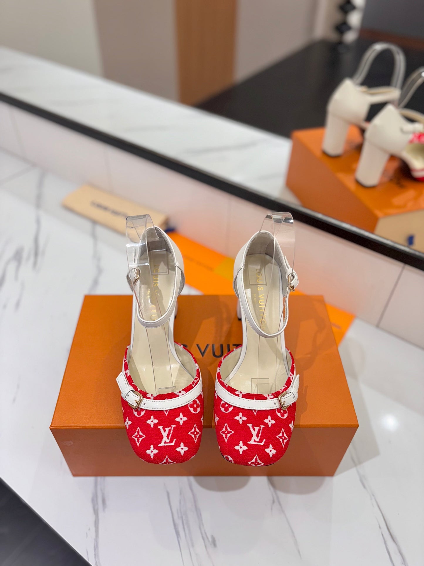 HIGH SANDALS 8 CM IN CHERRY RED MONOGRAM DENIM AND WHITE CALFSKIN - 34