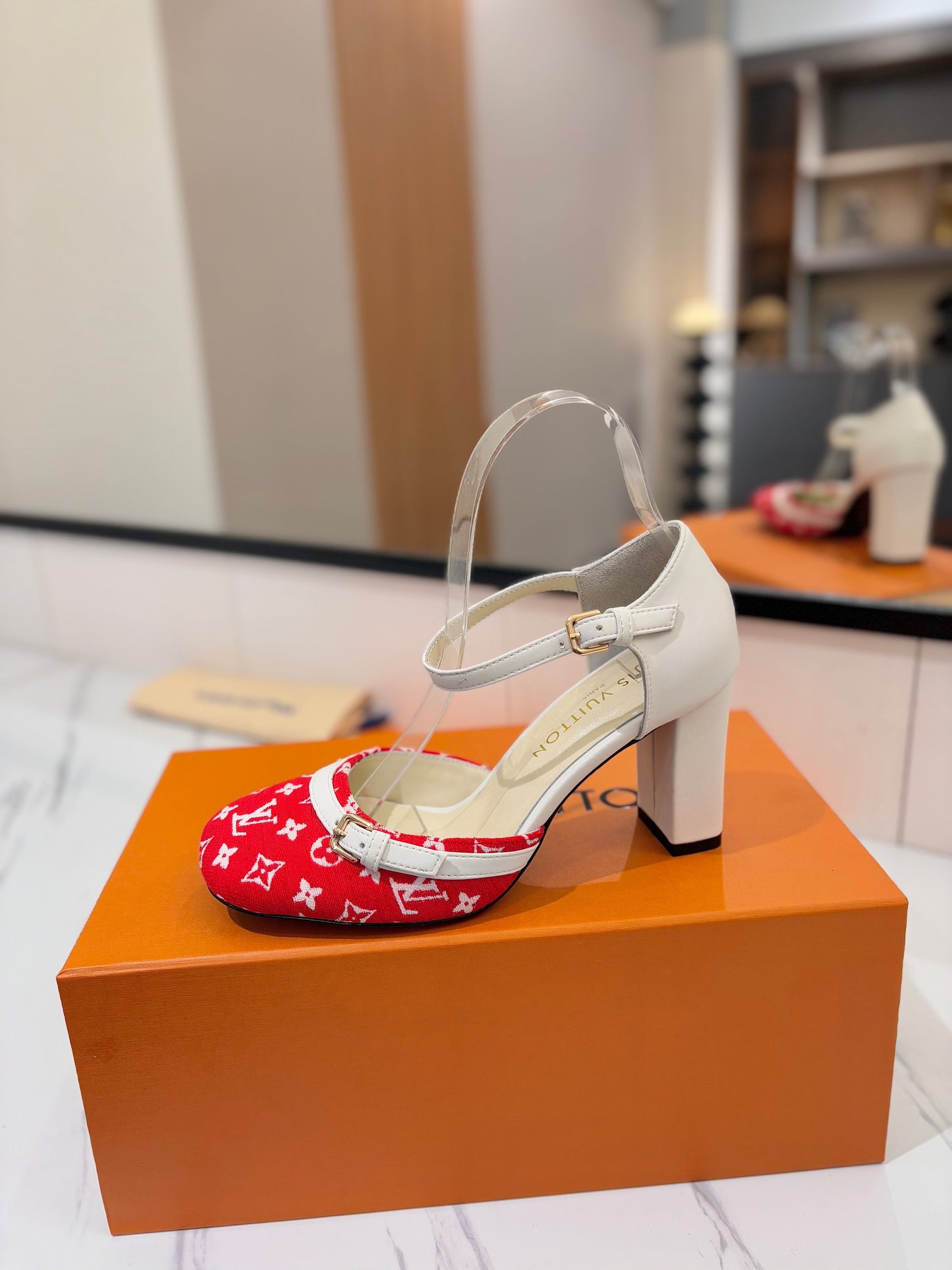 HIGH SANDALS 8 CM IN CHERRY RED MONOGRAM DENIM AND WHITE CALFSKIN - 34