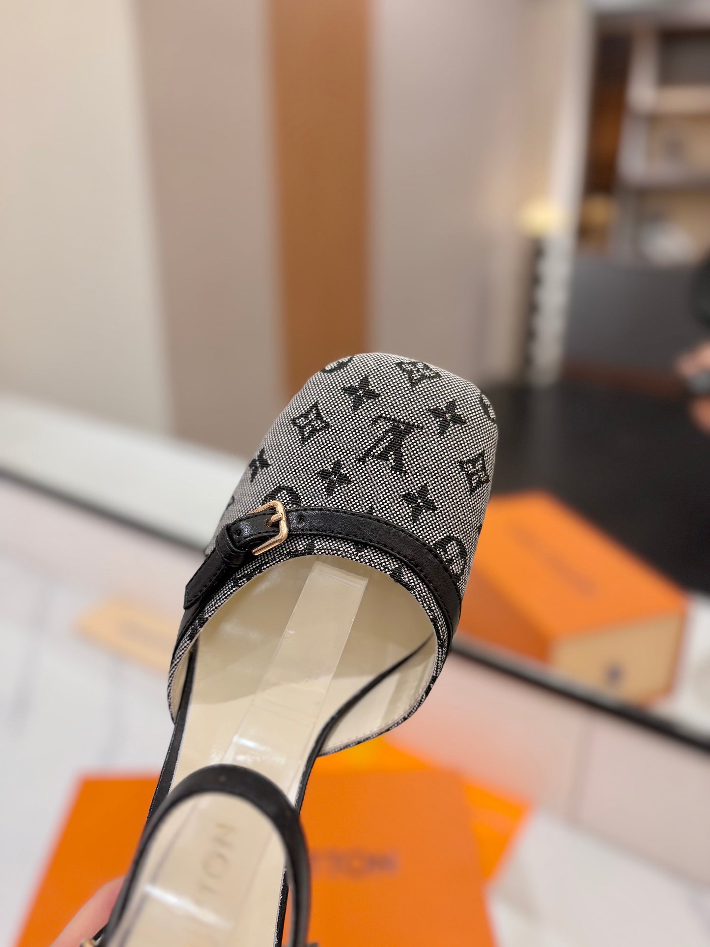 HIGH SANDALS 8 CM IN COOL GRAY MONOGRAM DENIM AND BLACK CALFSKIN - 34