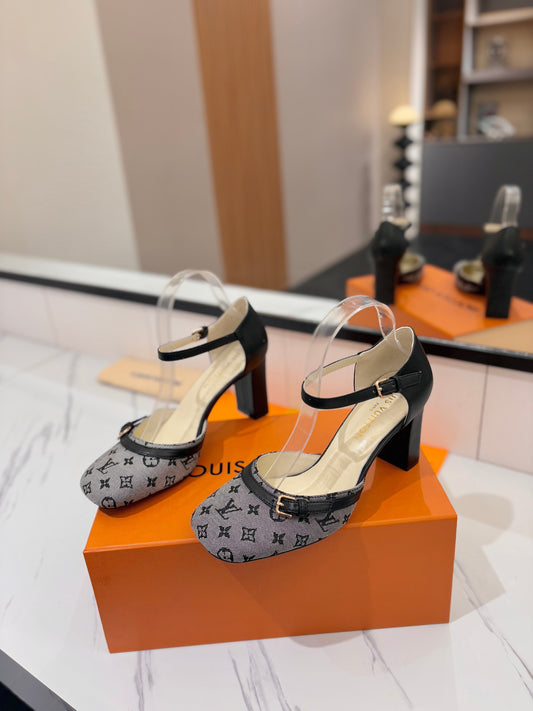 HIGH SANDALS 8 CM IN COOL GRAY MONOGRAM DENIM AND BLACK CALFSKIN - 34