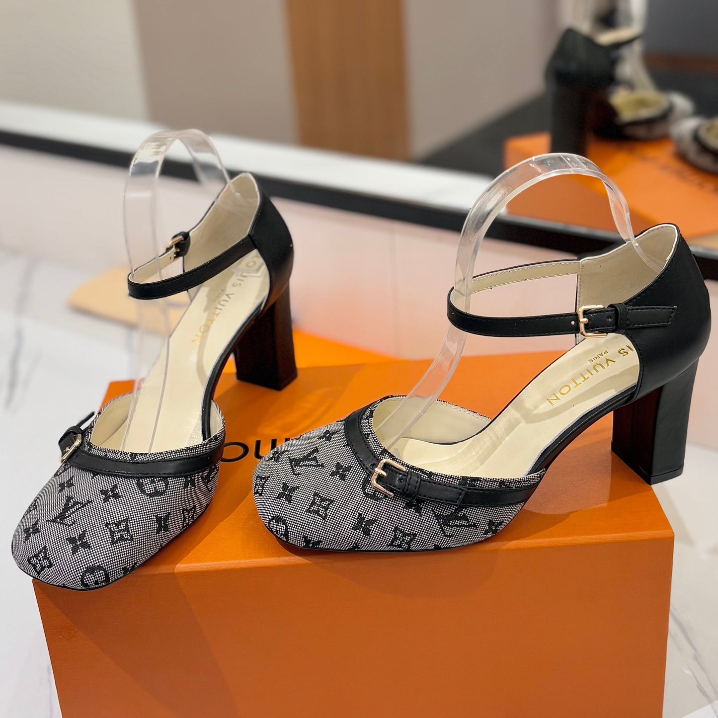 HIGH SANDALS 8 CM IN COOL GRAY MONOGRAM DENIM AND BLACK CALFSKIN - 34