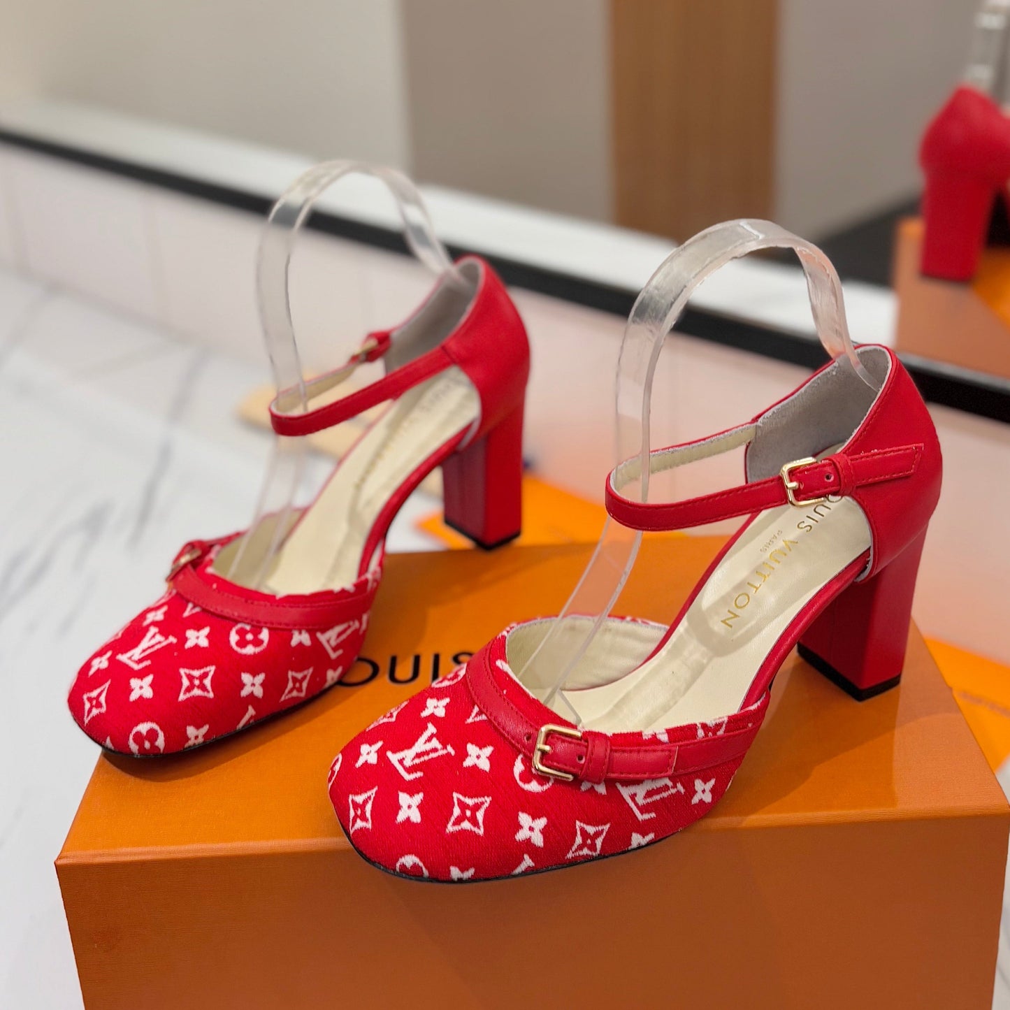 HIGH SANDALS 8 CM IN CHERRY RED MONOGRAM DENIM - 34