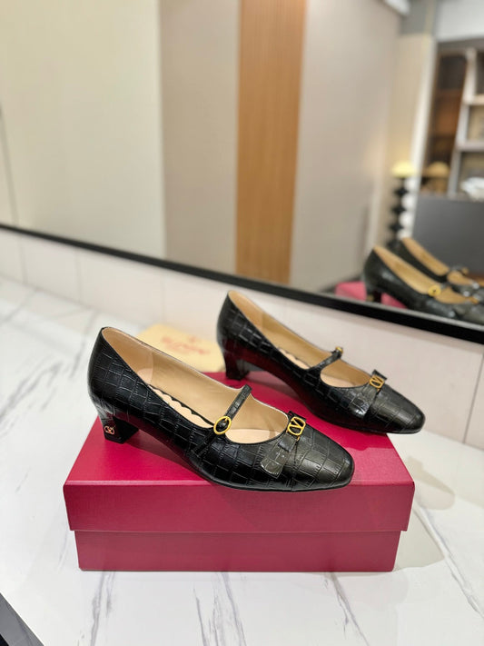 VLTN VLOGO SIGNATURE ROUND-TOE HEELS 25S IN BLACK LAMBSKIN SNAKE-EMBOSSED - 35