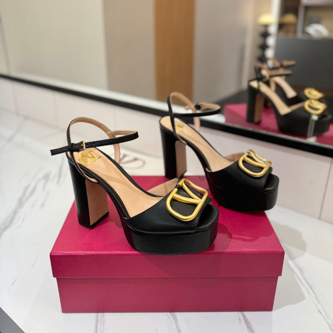 VLTN HIGH SANDAL 25S 115 MM IN BLACK LAMBSKIN WITH GOLD HARDWARE - 35
