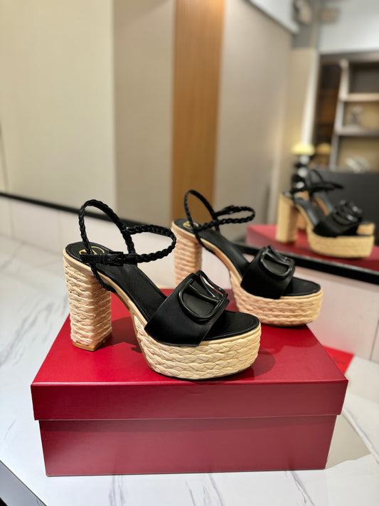 VLTN ESPADRILLE WEDGE SANDALS 25S 115 MM IN BLACK LAMBSKIN - 35