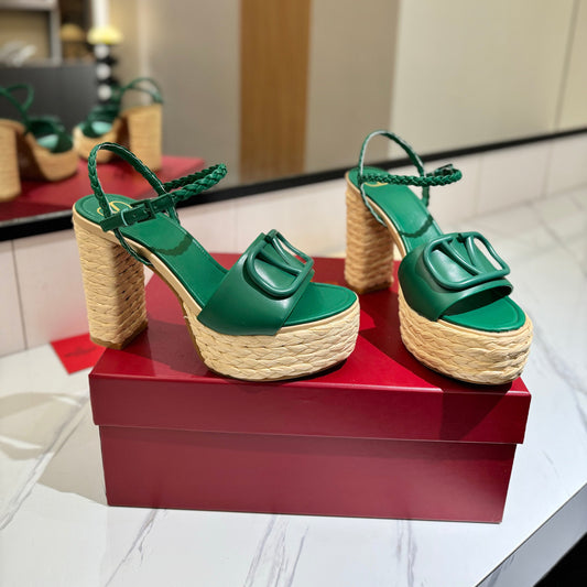 VLTN ESPADRILLE WEDGE SANDALS 25S 115 MM IN DARK GREEN LAMBSKIN - 35