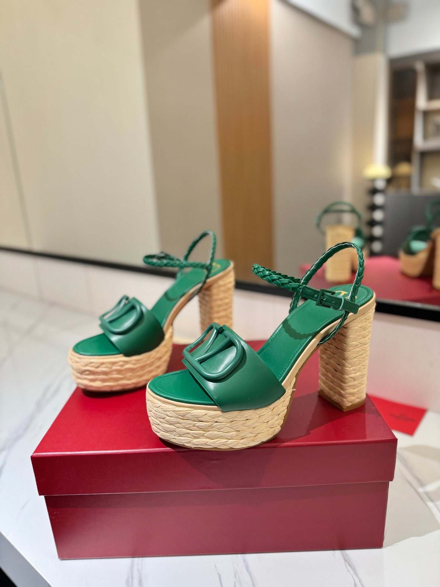 VLTN ESPADRILLE WEDGE SANDALS 25S 115 MM IN DARK GREEN LAMBSKIN - 35