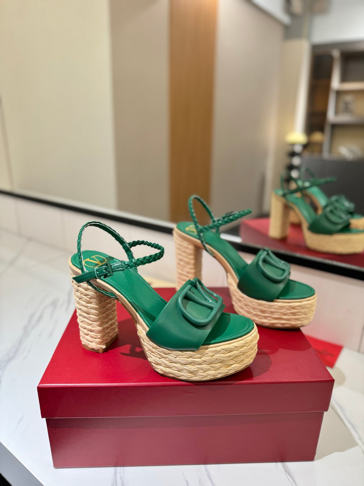VLTN ESPADRILLE WEDGE SANDALS 25S 115 MM IN DARK GREEN LAMBSKIN - 35