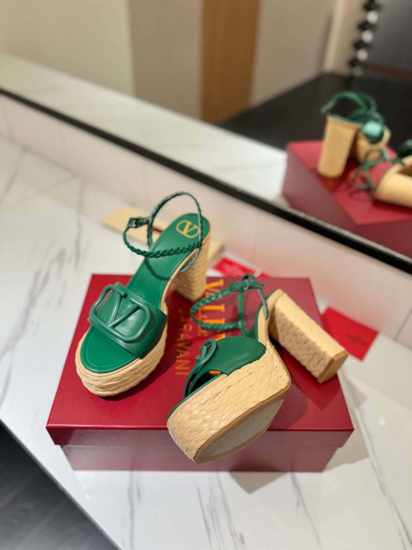 VLTN ESPADRILLE WEDGE SANDALS 25S 115 MM IN DARK GREEN LAMBSKIN - 35