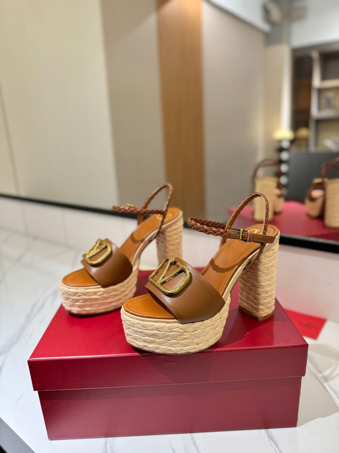 VLTN ESPADRILLE WEDGE SANDALS 25S 115 MM IN BROWN LAMBSKIN WITH GOLD HARDWARE - 35