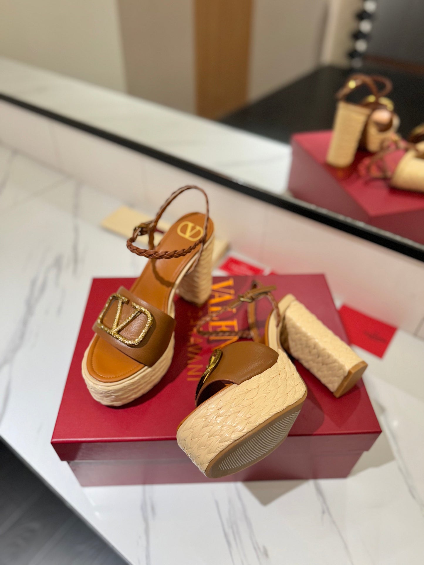 VLTN ESPADRILLE WEDGE SANDALS 25S 115 MM IN BROWN LAMBSKIN WITH GOLD HARDWARE - 35