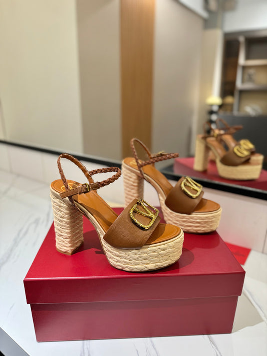 VLTN ESPADRILLE WEDGE SANDALS 25S 115 MM IN BROWN LAMBSKIN WITH GOLD HARDWARE - 35