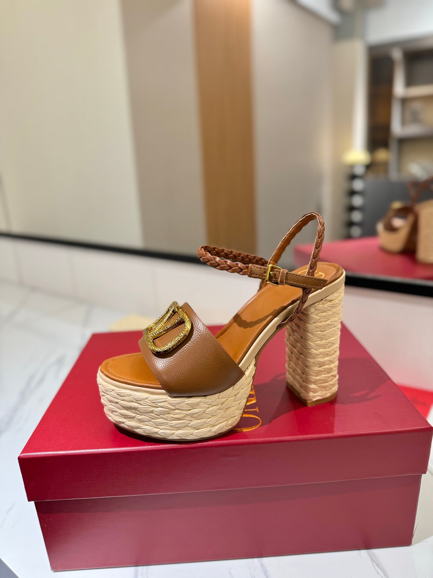 VLTN ESPADRILLE WEDGE SANDALS 25S 115 MM IN BROWN LAMBSKIN WITH GOLD HARDWARE - 35