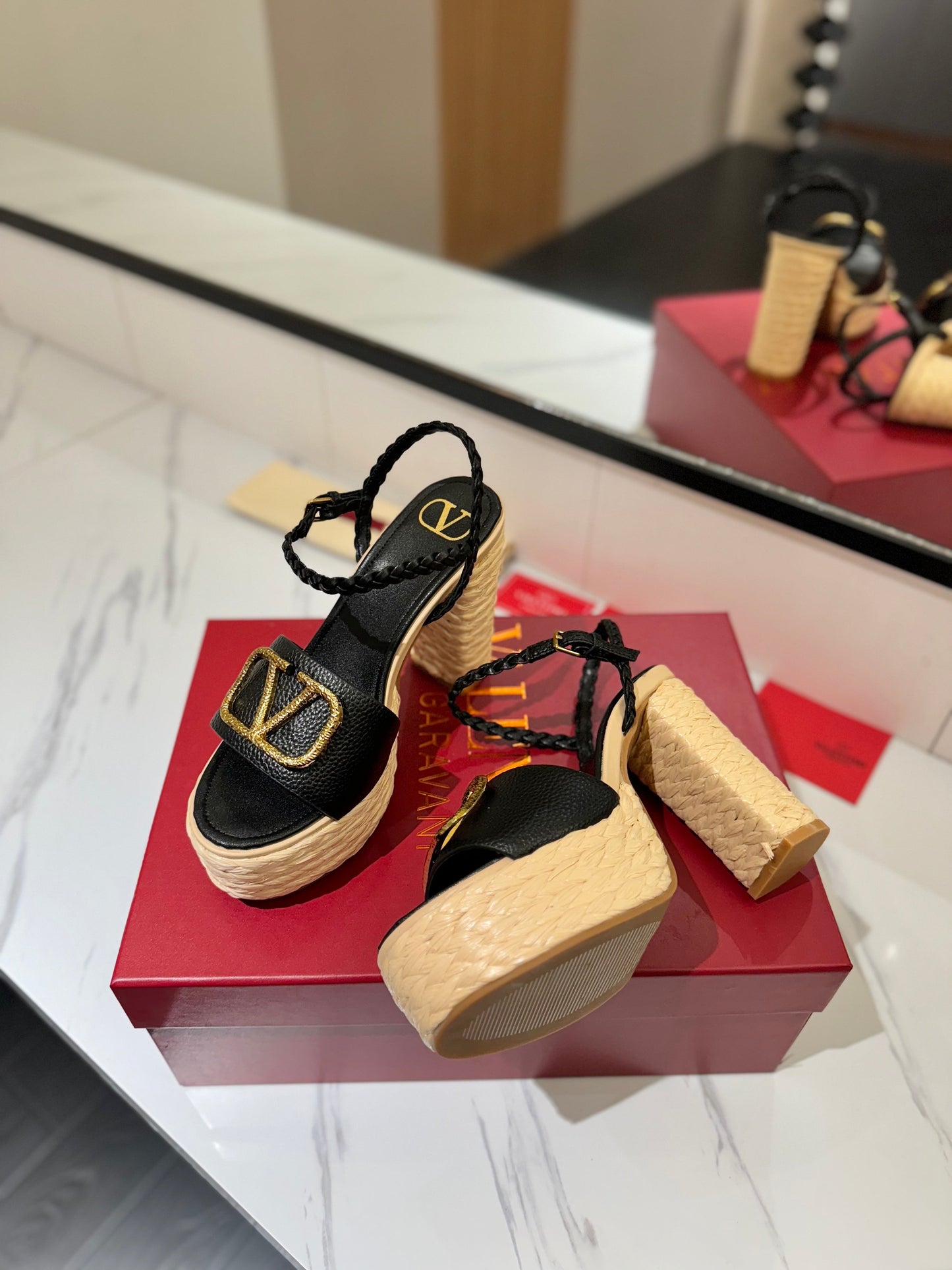 VLTN ESPADRILLE WEDGE SANDALS 25S 115 MM IN BLACK LAMBSKIN WITH GOLD HARDWARE - 35