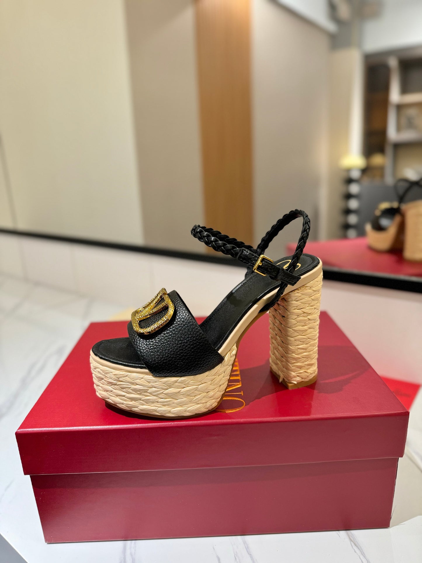 VLTN ESPADRILLE WEDGE SANDALS 25S 115 MM IN BLACK LAMBSKIN WITH GOLD HARDWARE - 35