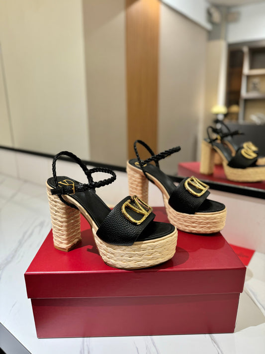VLTN ESPADRILLE WEDGE SANDALS 25S 115 MM IN BLACK LAMBSKIN WITH GOLD HARDWARE - 35