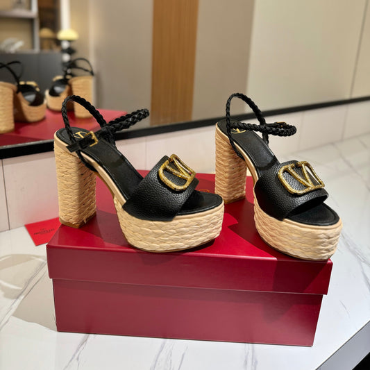 VLTN ESPADRILLE WEDGE SANDALS 25S 115 MM IN BLACK LAMBSKIN WITH GOLD HARDWARE - 35