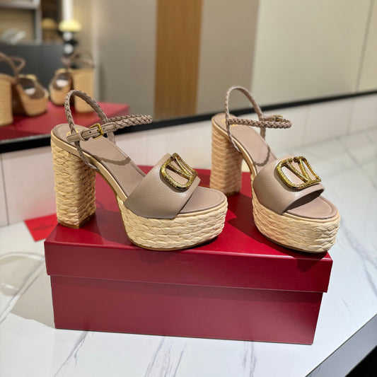 VLTN ESPADRILLE WEDGE SANDALS 25S 115 MM IN BEIGE BROWN LAMBSKIN WITH GOLD HARDWARE - 35