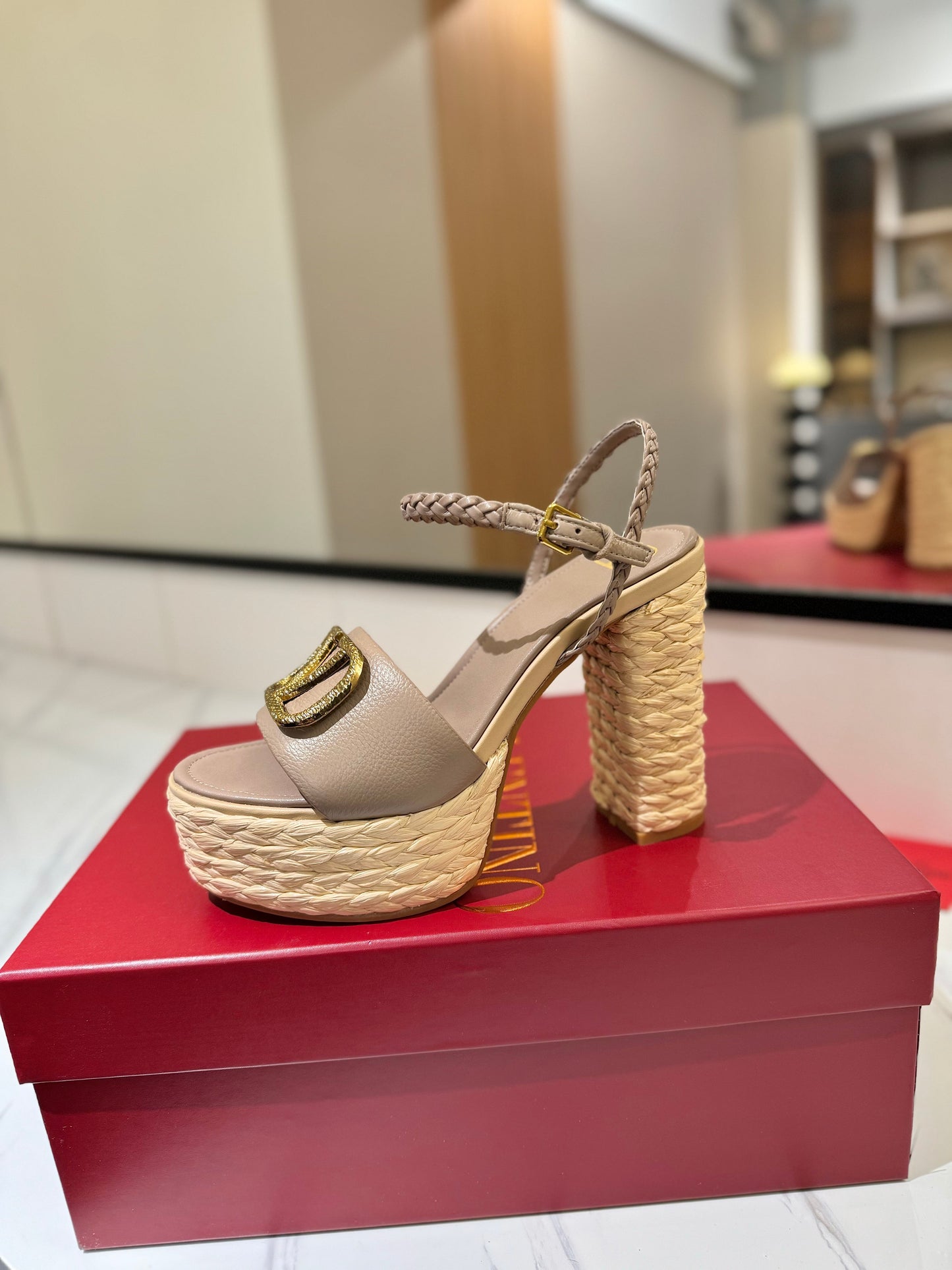 VLTN ESPADRILLE WEDGE SANDALS 25S 115 MM IN BEIGE BROWN LAMBSKIN WITH GOLD HARDWARE - 35