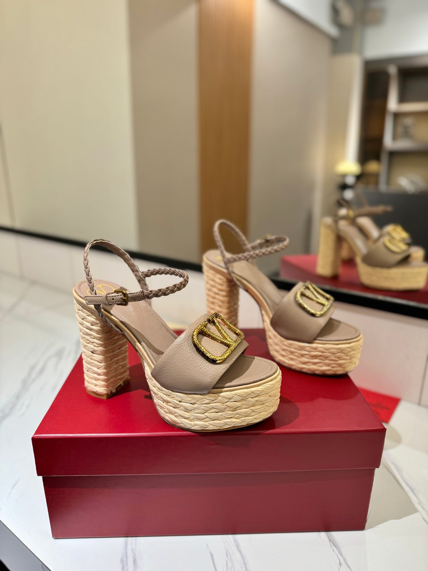 VLTN ESPADRILLE WEDGE SANDALS 25S 115 MM IN BEIGE BROWN LAMBSKIN WITH GOLD HARDWARE - 35