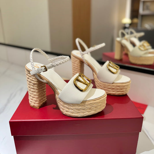 VLTN ESPADRILLE WEDGE SANDALS 25S 115 MM IN WHITE LAMBSKIN WITH GOLD HARDWARE - 35