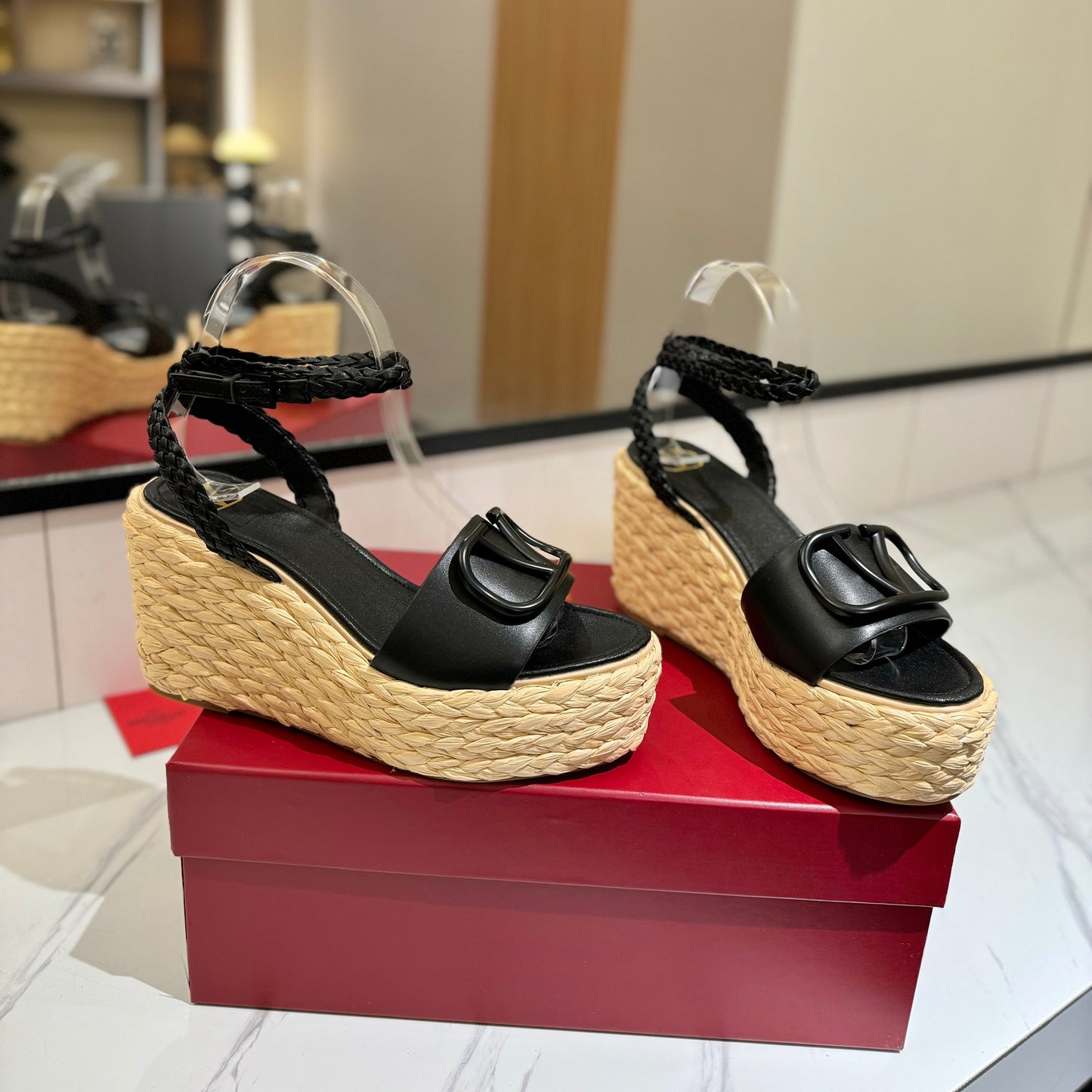 VLTN ESPADRILLE WEDGE SANDALS 25S 90 MM IN BLACK LAMBSKIN STYLE 10 - 35