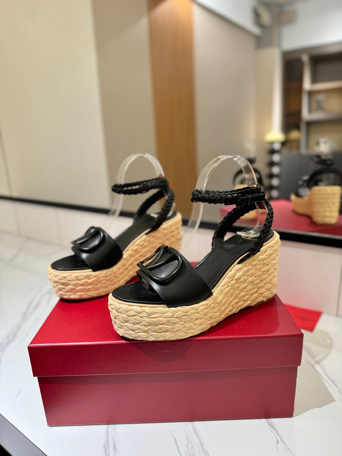 VLTN ESPADRILLE WEDGE SANDALS 25S 90 MM IN BLACK LAMBSKIN STYLE 10 - 35