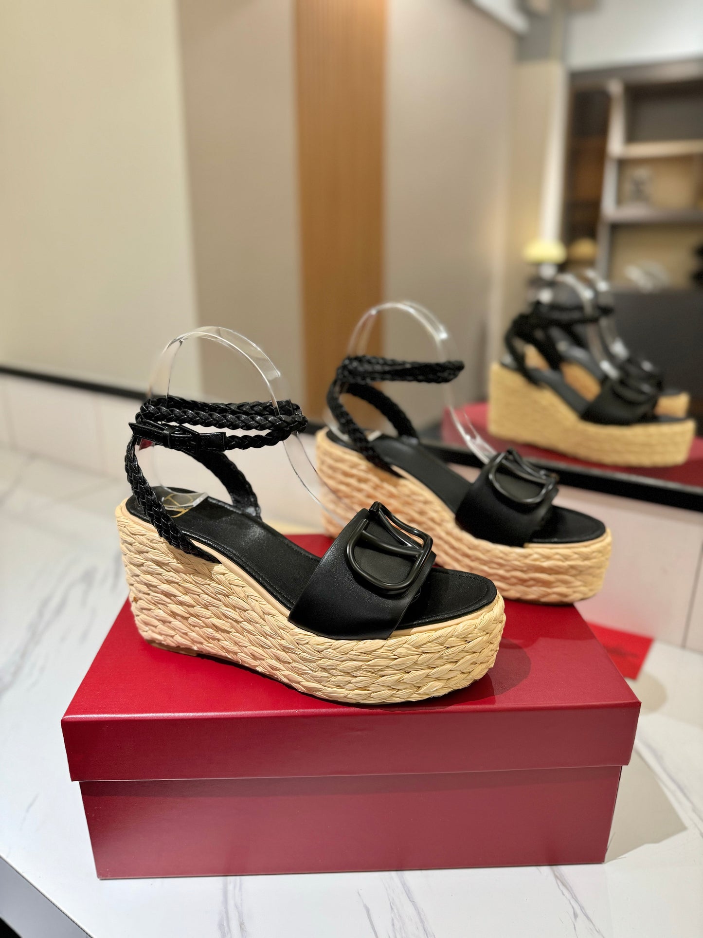 VLTN ESPADRILLE WEDGE SANDALS 25S 90 MM IN BLACK LAMBSKIN STYLE 10 - 35