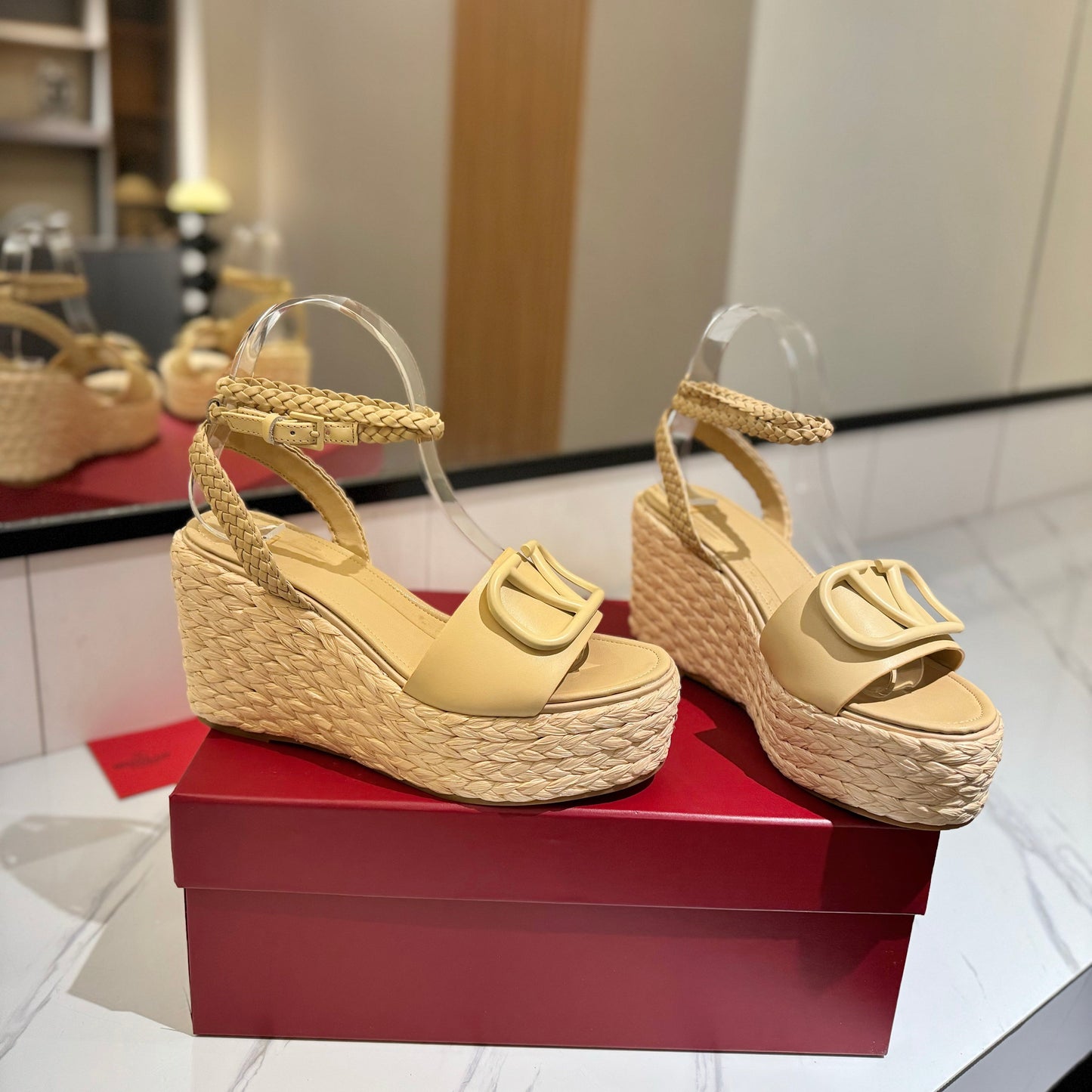VLTN ESPADRILLE WEDGE SANDALS 25S 90 MM IN GOLDEN BEIGE LAMBSKIN STYLE 9 - 35