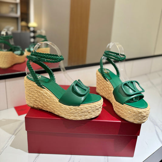 VLTN ESPADRILLE WEDGE SANDALS 25S 90 MM IN DARK GREEN LAMBSKIN STYLE 6 - 35
